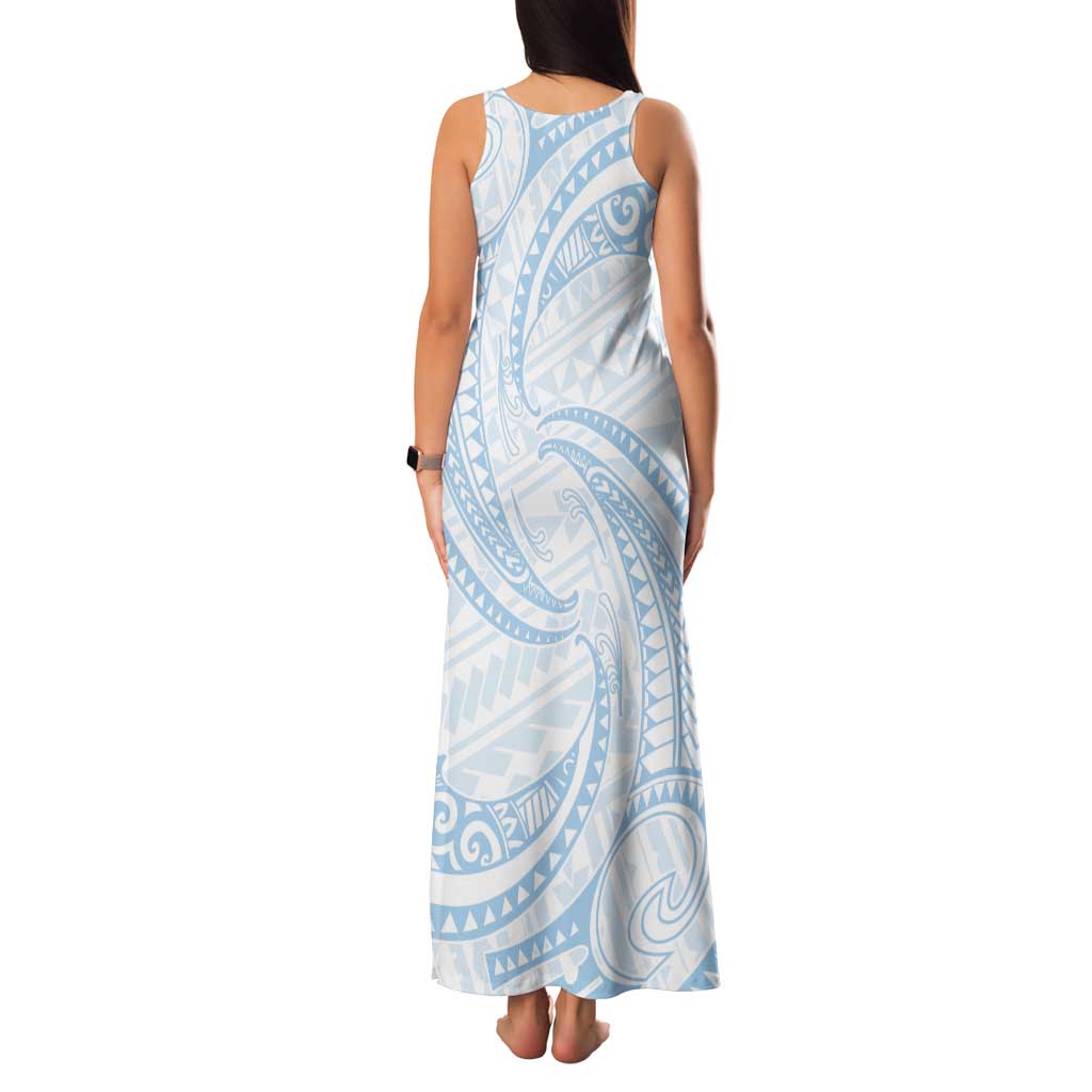 White Sunday Lotu Tamaiti Tank Maxi Dress Polynesian Wave Pastel Sky Blue LT9 - Polynesian Pride