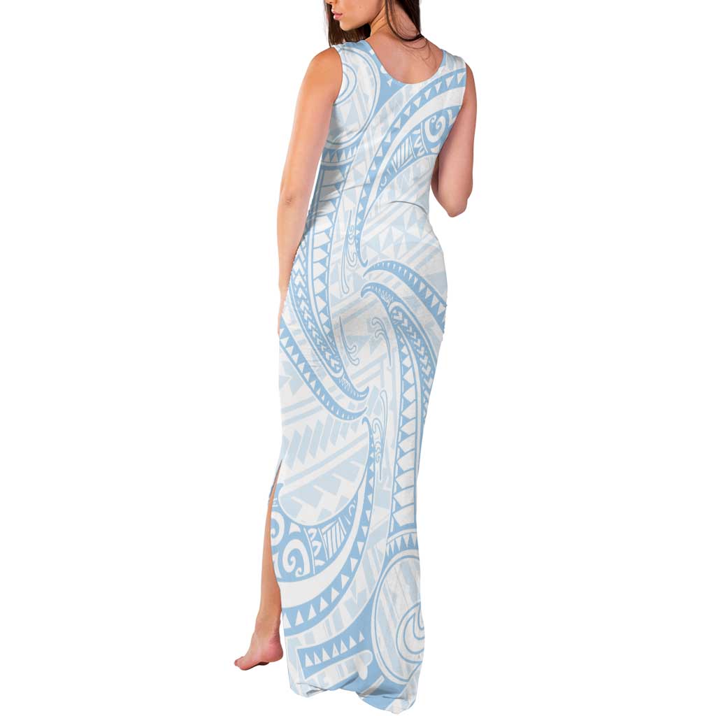 White Sunday Lotu Tamaiti Tank Maxi Dress Polynesian Wave Pastel Sky Blue LT9 - Polynesian Pride