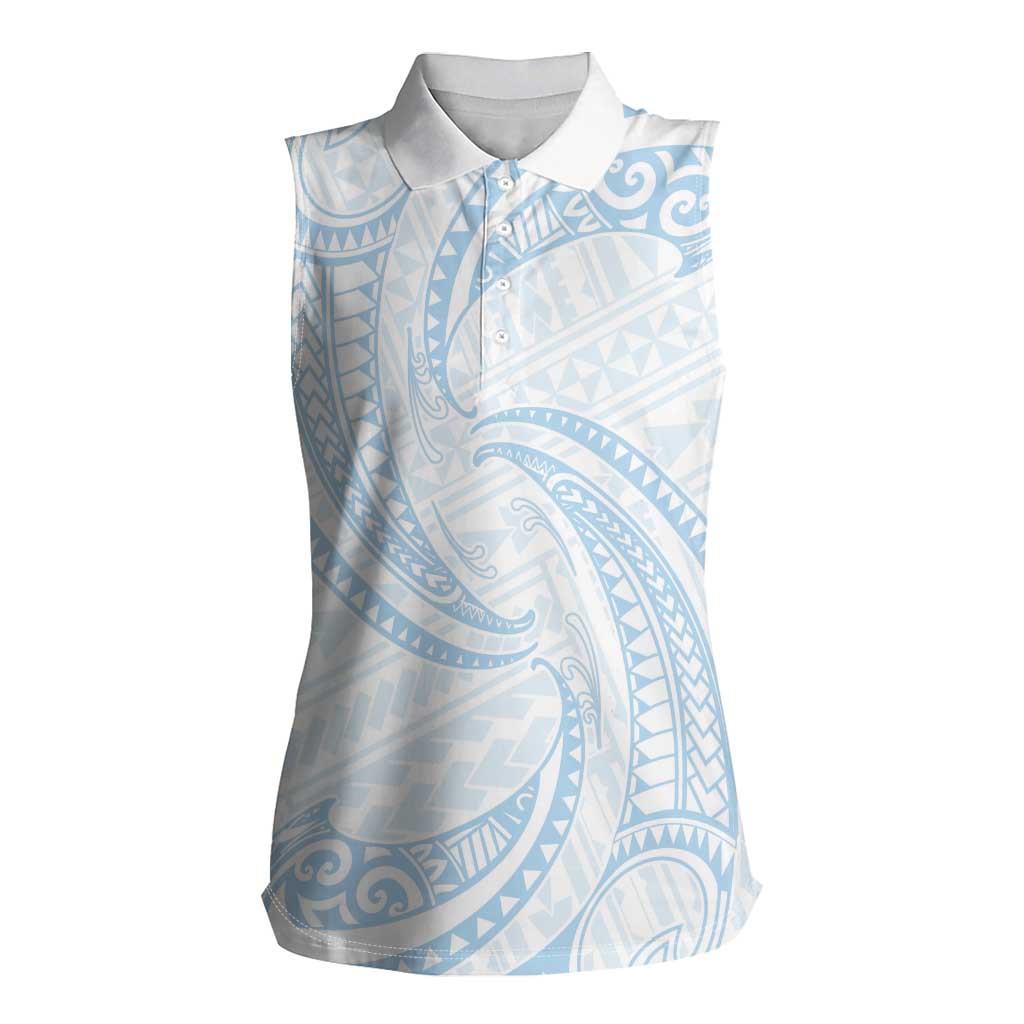 White Sunday Lotu Tamaiti Women Sleeveless Polo Shirt Polynesian Wave Pastel Sky Blue LT9 Female Blue - Polynesian Pride