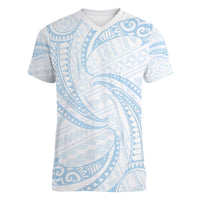 White Sunday Lotu Tamaiti Women V-Neck T-Shirt Polynesian Wave Pastel Sky Blue - Polynesian Pride