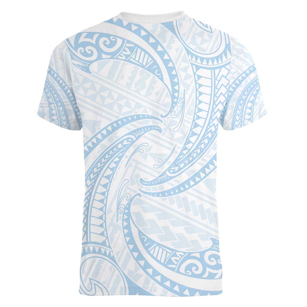 White Sunday Lotu Tamaiti Women V-Neck T-Shirt Polynesian Wave Pastel Sky Blue - Polynesian Pride