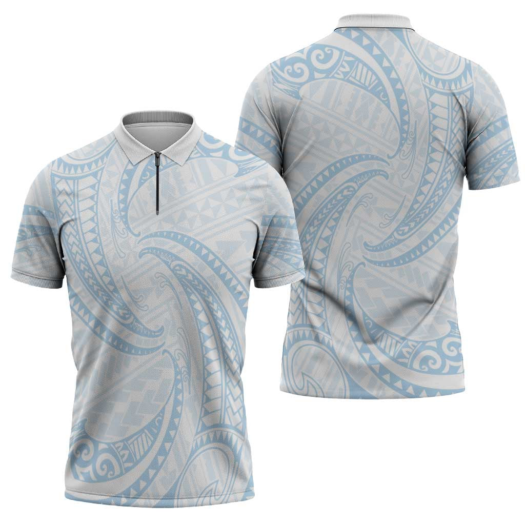 White Sunday Lotu Tamaiti Zipper Polo Shirt Polynesian Wave Pastel Sky Blue LT9 - Polynesian Pride