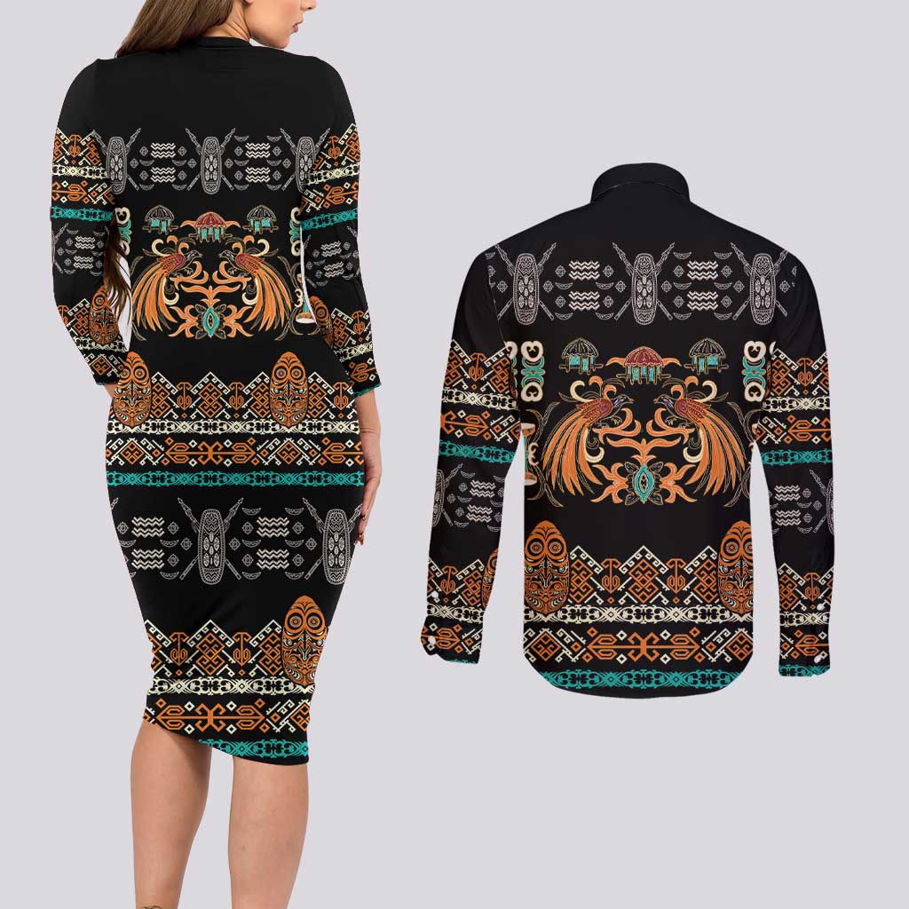Black Batik Papua-inspired Pattern Couples Matching Long Sleeve Bodycon Dress and Long Sleeve Button Shirt LT9 - Polynesian Pride