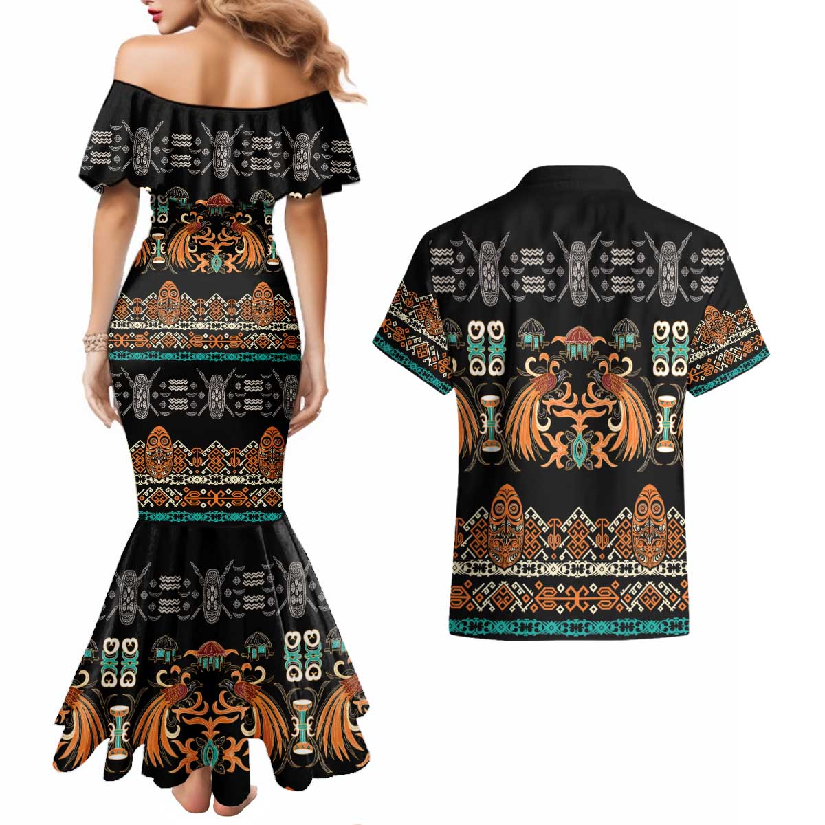 Black Batik Papua-inspired Pattern Couples Matching Mermaid Dress and Hawaiian Shirt LT9 - Polynesian Pride