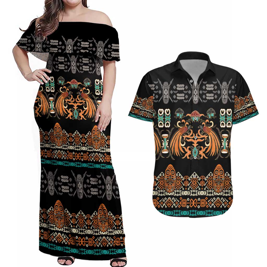 Black Batik Papua-inspired Pattern Couples Matching Off Shoulder Maxi Dress and Hawaiian Shirt LT9 Black - Polynesian Pride