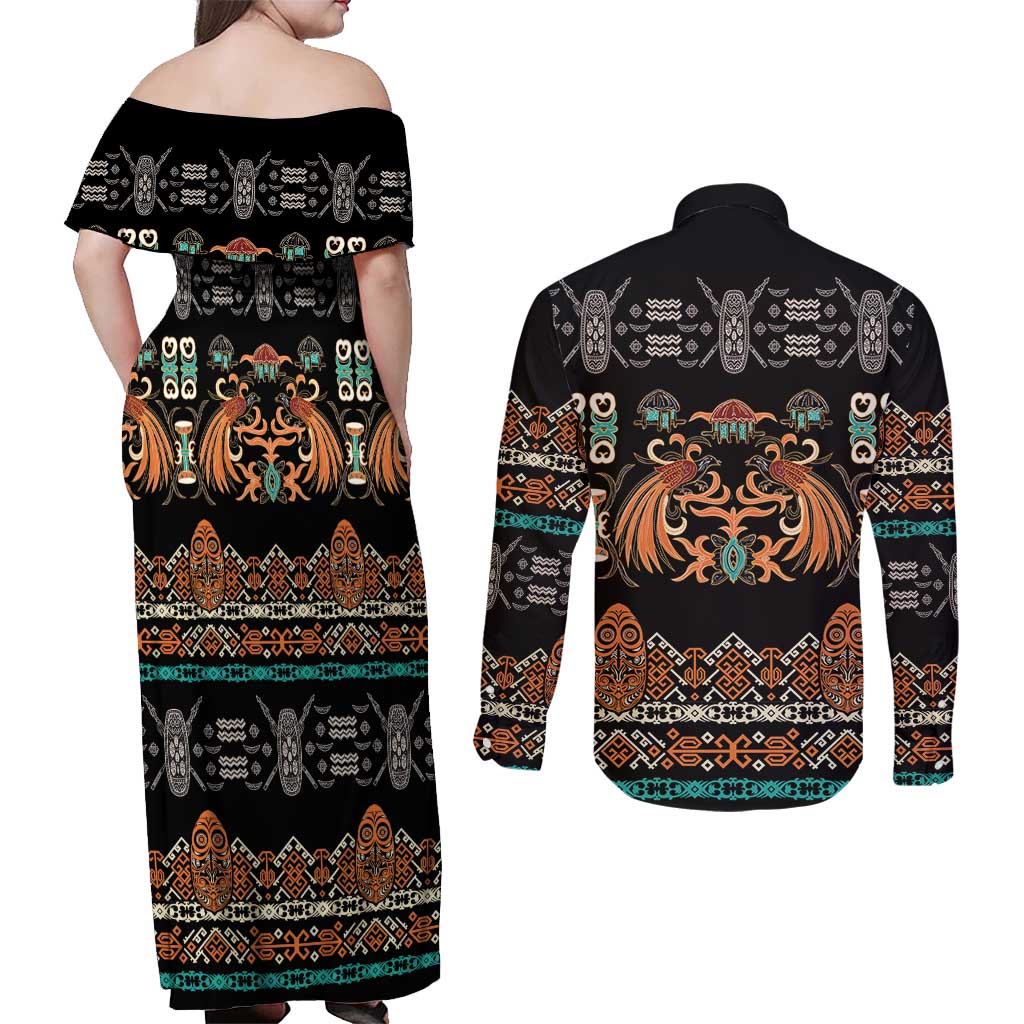 Black Batik Papua-inspired Pattern Couples Matching Off Shoulder Maxi Dress and Long Sleeve Button Shirt LT9 - Polynesian Pride