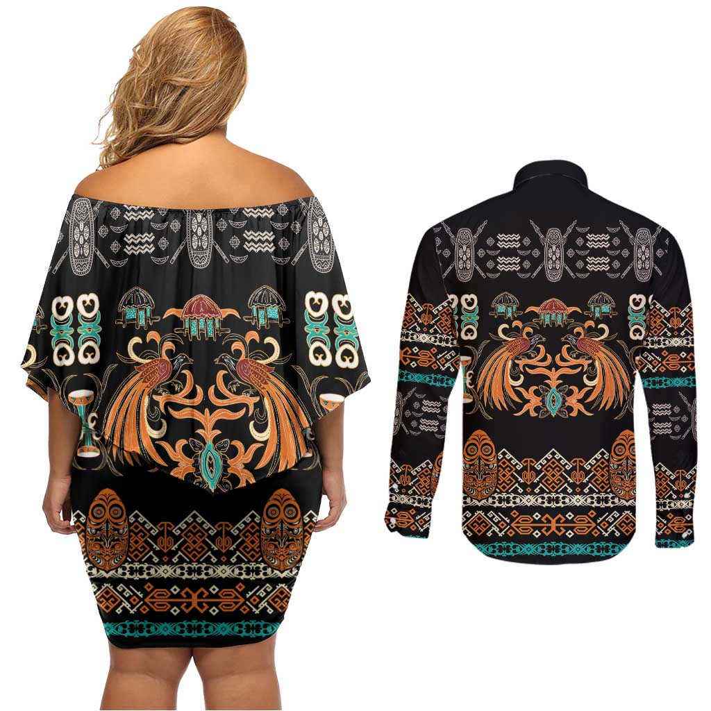 Black Batik Papua-inspired Pattern Couples Matching Off Shoulder Short Dress and Long Sleeve Button Shirt LT9 - Polynesian Pride