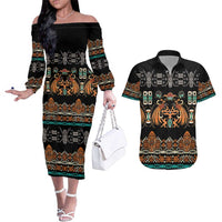 Black Batik Papua-inspired Pattern Couples Matching Off The Shoulder Long Sleeve Dress and Hawaiian Shirt LT9 Black - Polynesian Pride