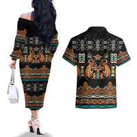 Black Batik Papua-inspired Pattern Couples Matching Off The Shoulder Long Sleeve Dress and Hawaiian Shirt LT9 - Polynesian Pride