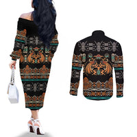 Black Batik Papua-inspired Pattern Couples Matching Off The Shoulder Long Sleeve Dress and Long Sleeve Button Shirt LT9 - Polynesian Pride