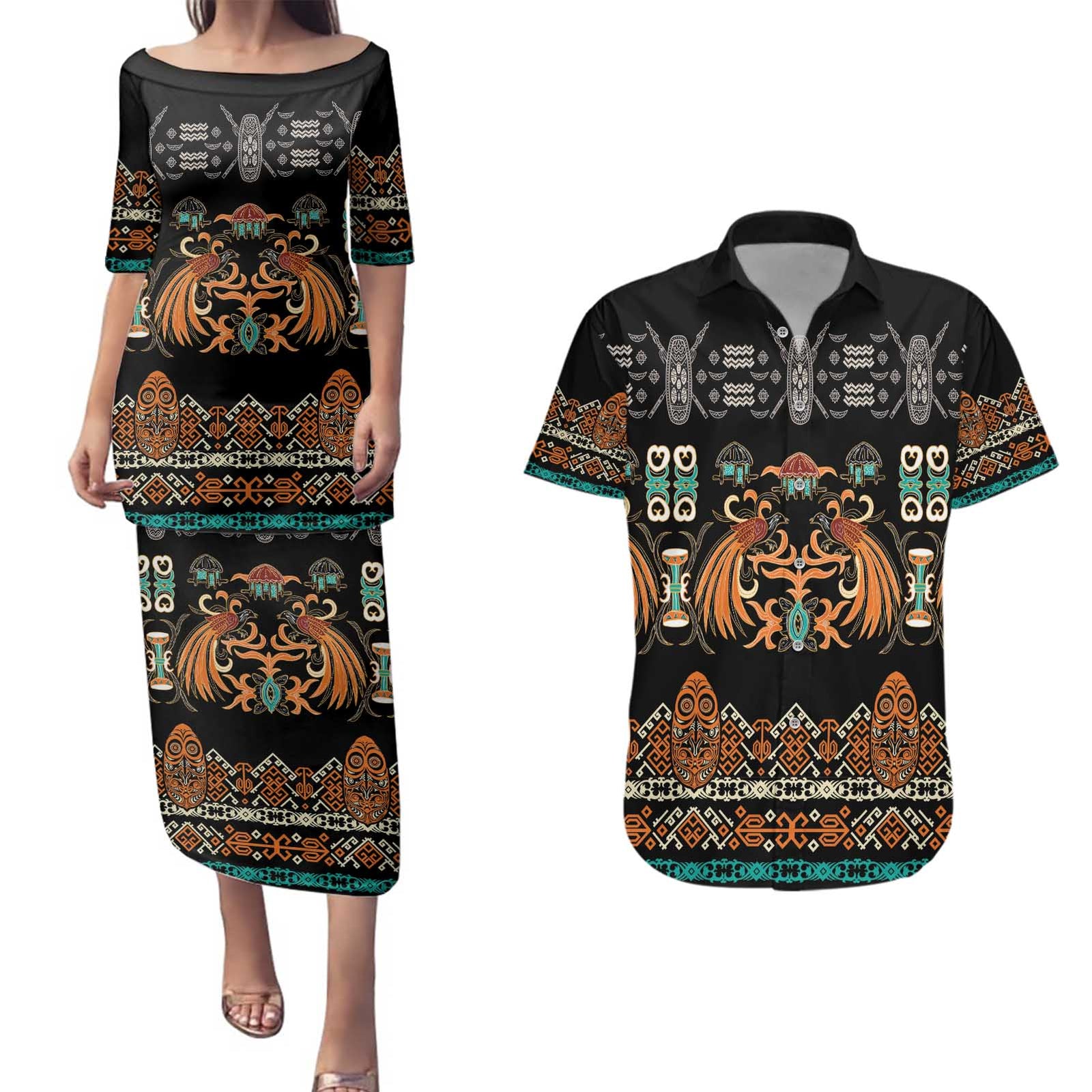 Black Batik Papua-inspired Pattern Couples Matching Puletasi and Hawaiian Shirt LT9 Black - Polynesian Pride