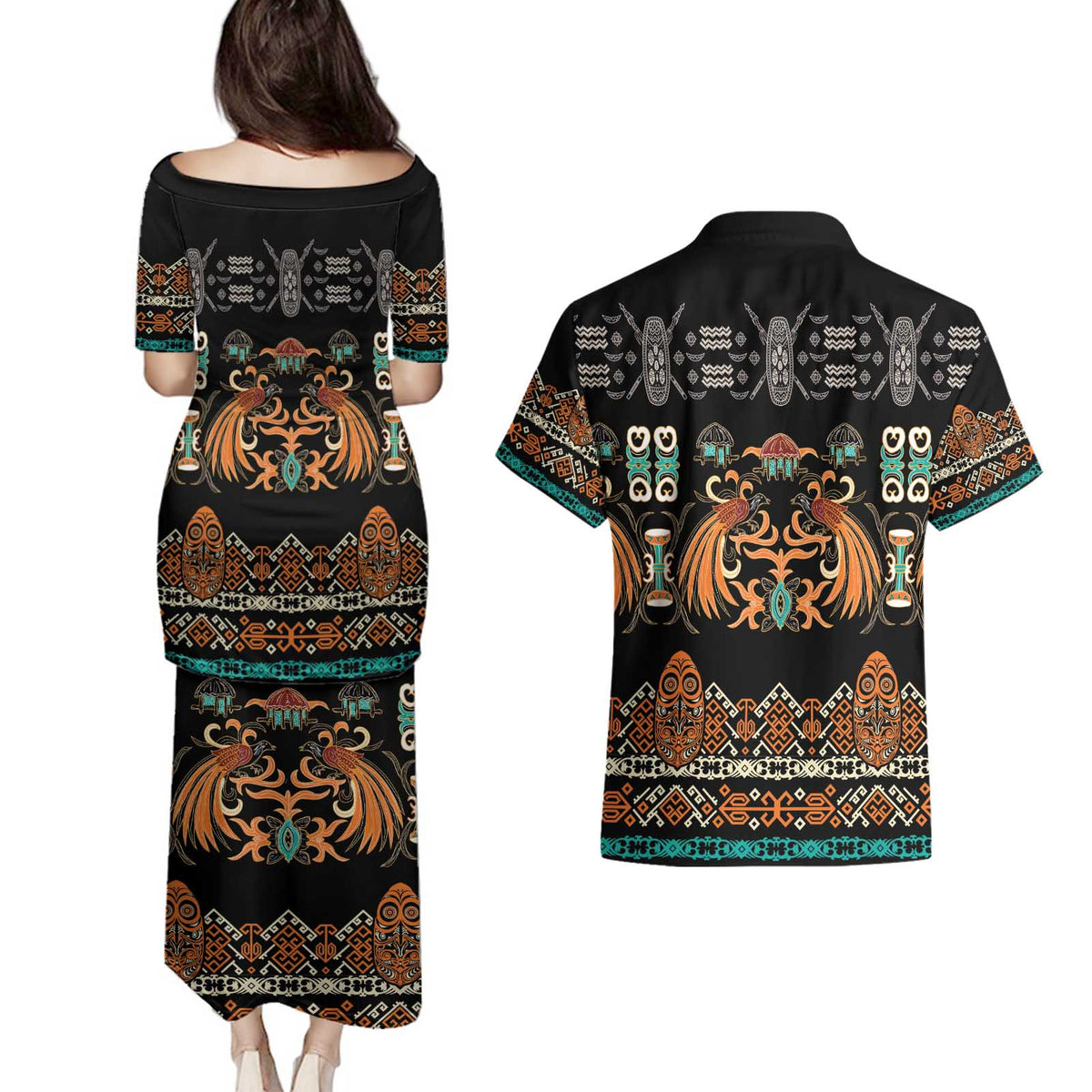 Black Batik Papua-inspired Pattern Couples Matching Puletasi and Hawaiian Shirt LT9 - Polynesian Pride