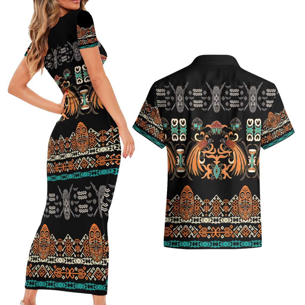 Black Batik Papua-inspired Pattern Couples Matching Short Sleeve Bodycon Dress and Hawaiian Shirt LT9 - Polynesian Pride