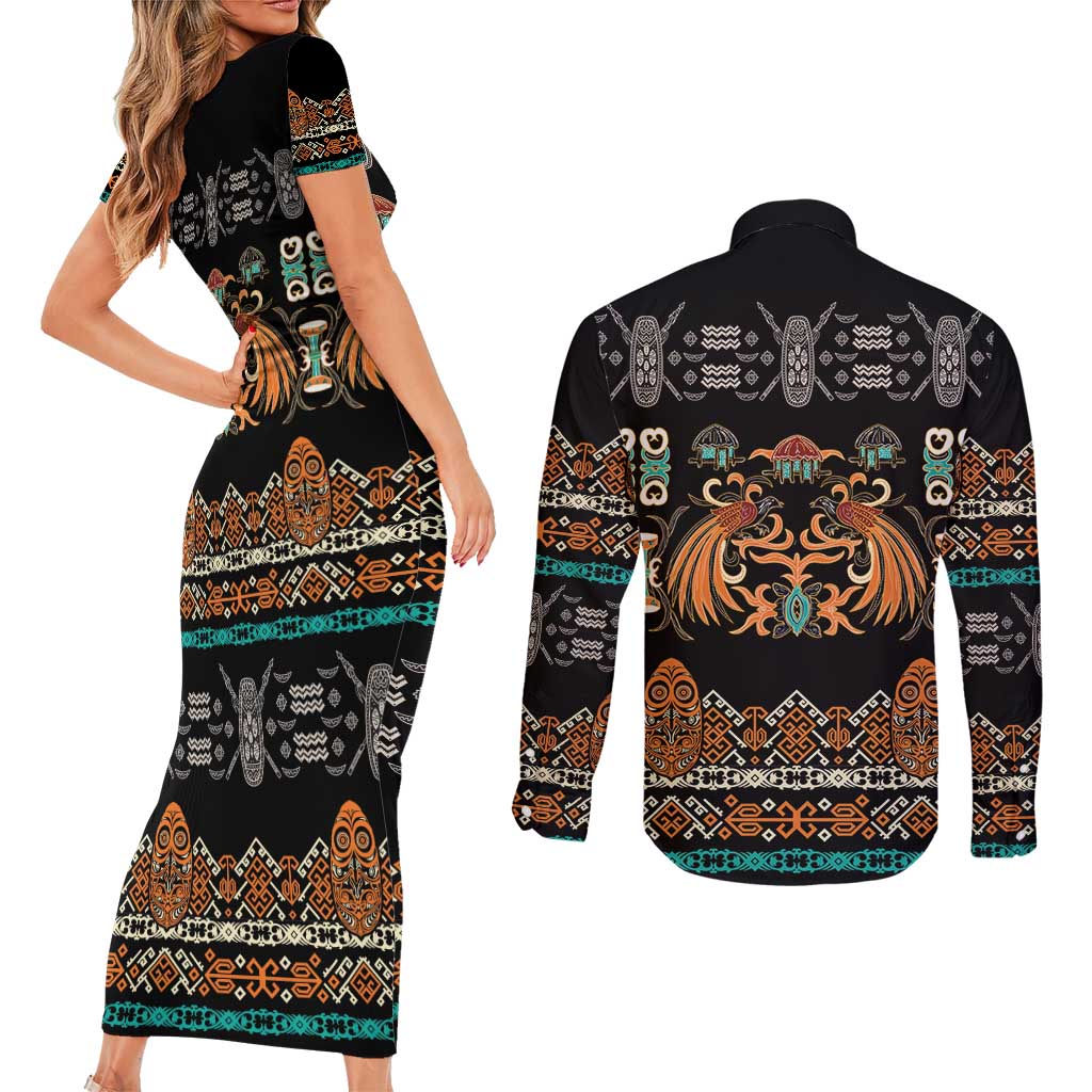 Black Batik Papua-inspired Pattern Couples Matching Short Sleeve Bodycon Dress and Long Sleeve Button Shirt LT9 - Polynesian Pride