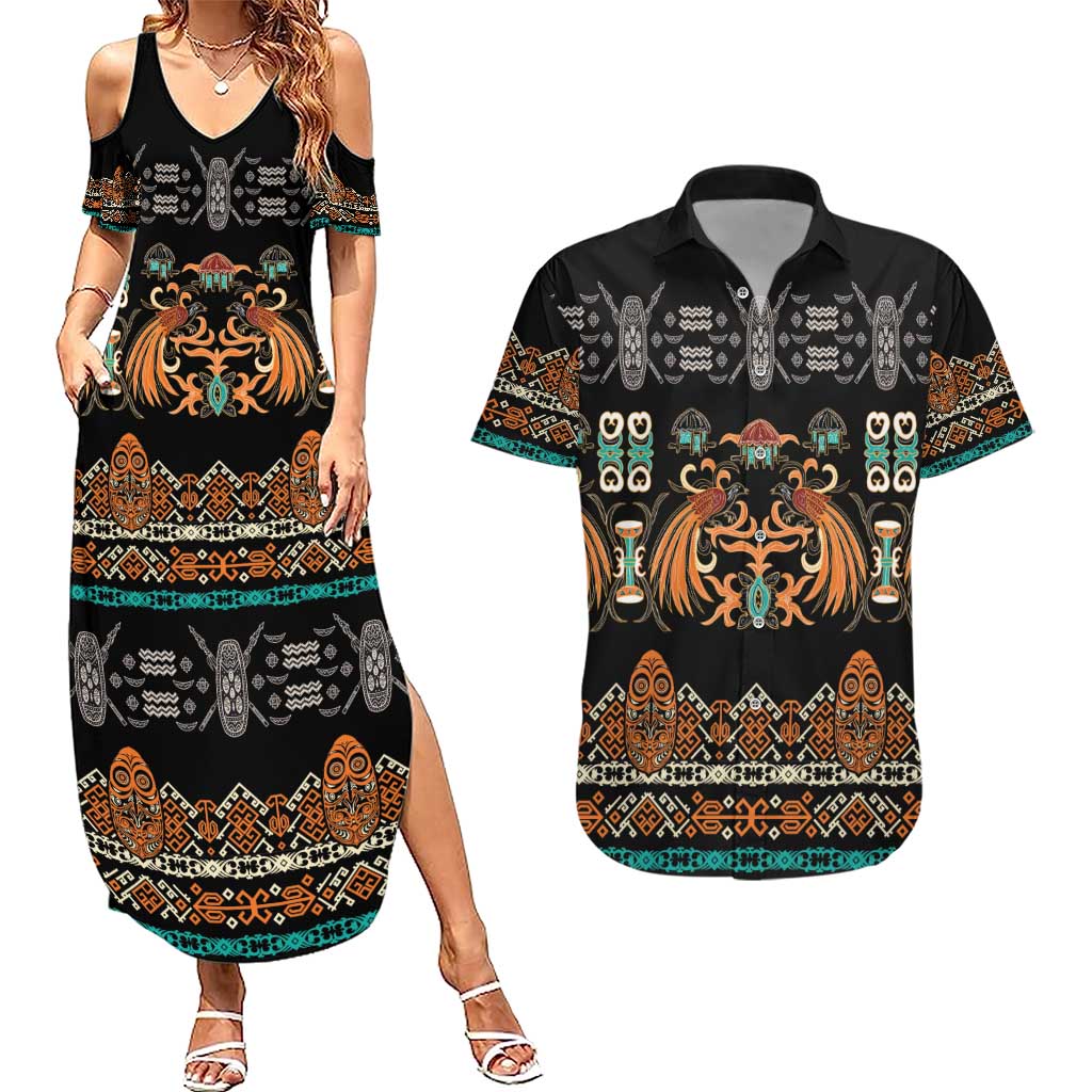 Black Batik Papua-inspired Pattern Couples Matching Summer Maxi Dress and Hawaiian Shirt LT9 Black - Polynesian Pride