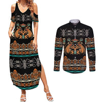 Black Batik Papua-inspired Pattern Couples Matching Summer Maxi Dress and Long Sleeve Button Shirt - Polynesian Pride