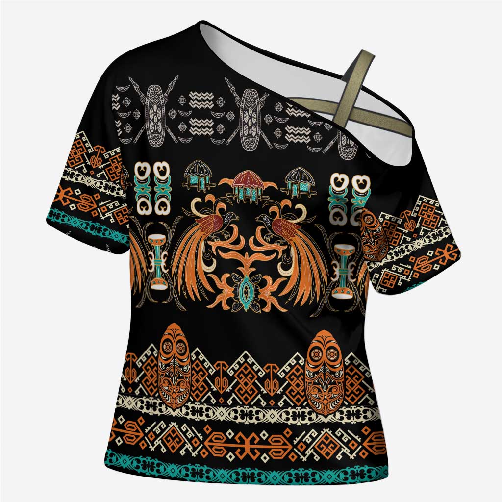 Black Batik Papua-inspired Pattern Cross Shoulder Shirt LT9 Female Black - Polynesian Pride