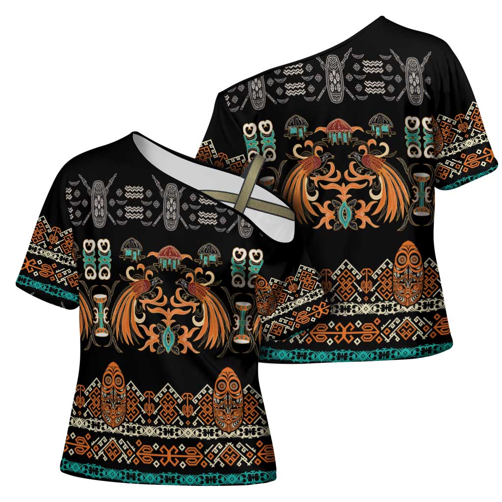 Black Batik Papua-inspired Pattern Cross Shoulder Shirt LT9 - Polynesian Pride