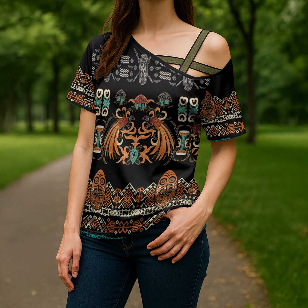 Black Batik Papua-inspired Pattern Cross Shoulder Shirt LT9 - Polynesian Pride
