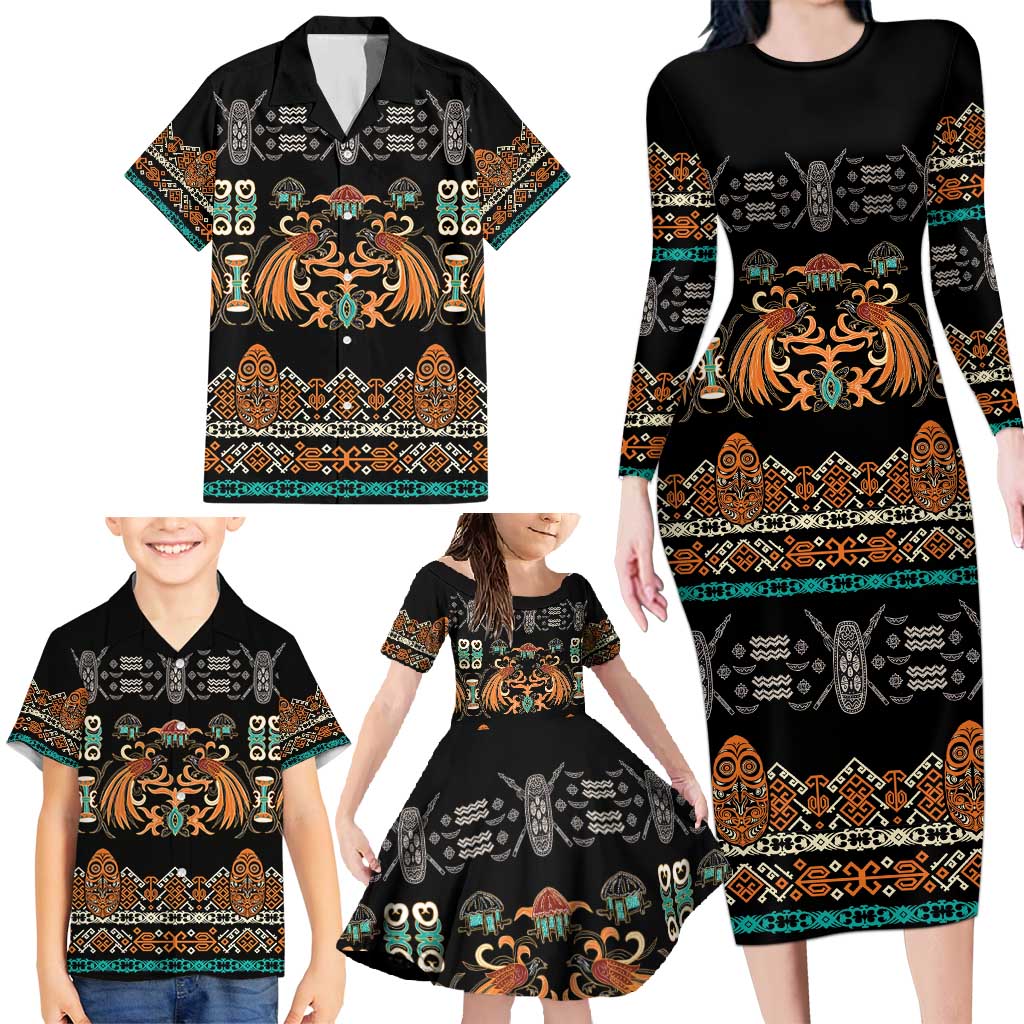 Black Batik Papua-inspired Pattern Family Matching Long Sleeve Bodycon Dress and Hawaiian Shirt LT9 - Polynesian Pride