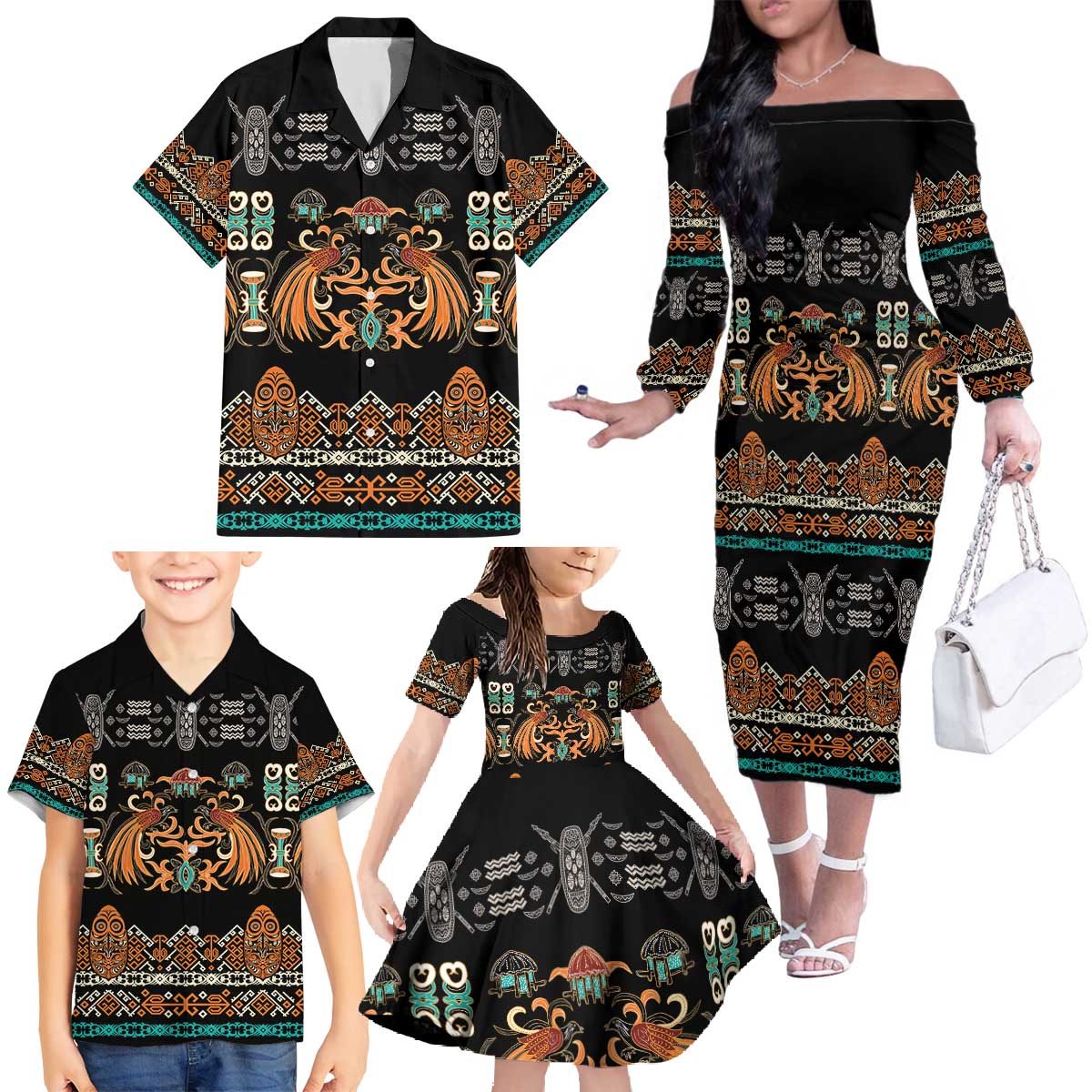 Black Batik Papua-inspired Pattern Family Matching Off The Shoulder Long Sleeve Dress and Hawaiian Shirt LT9 - Polynesian Pride