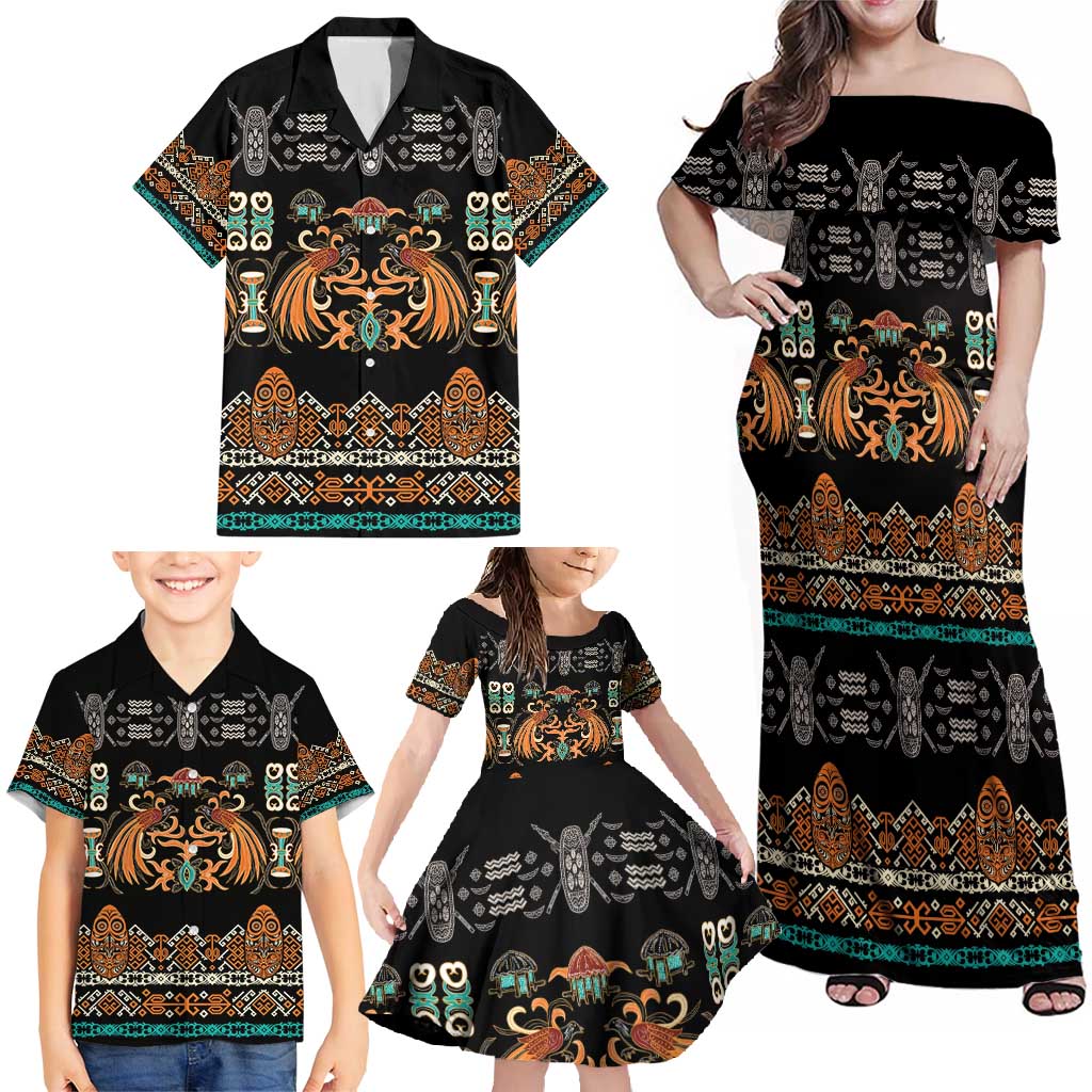 Black Batik Papua-inspired Pattern Family Matching Off Shoulder Maxi Dress and Hawaiian Shirt LT9 - Polynesian Pride