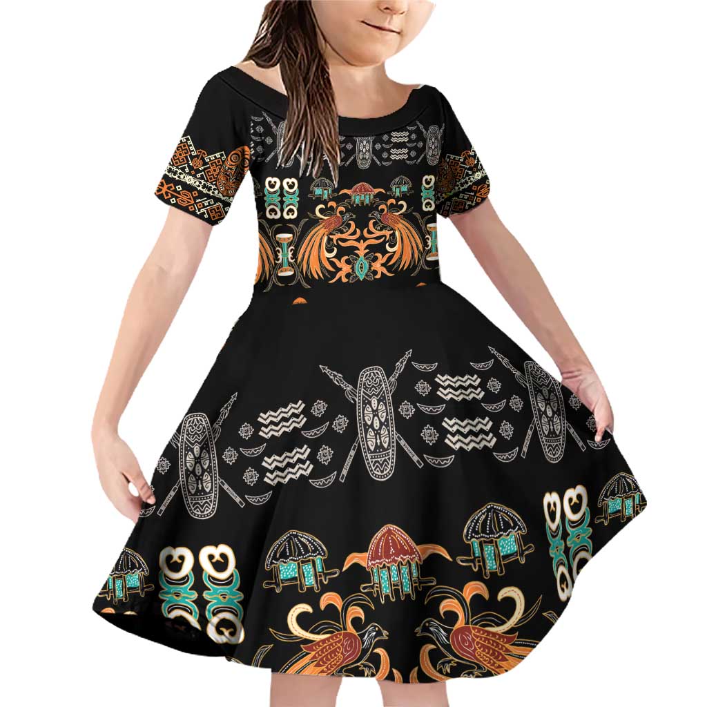 Black Batik Papua-inspired Pattern Family Matching Off Shoulder Short Dress and Hawaiian Shirt LT9 Daughter's Dress Black - Polynesian Pride