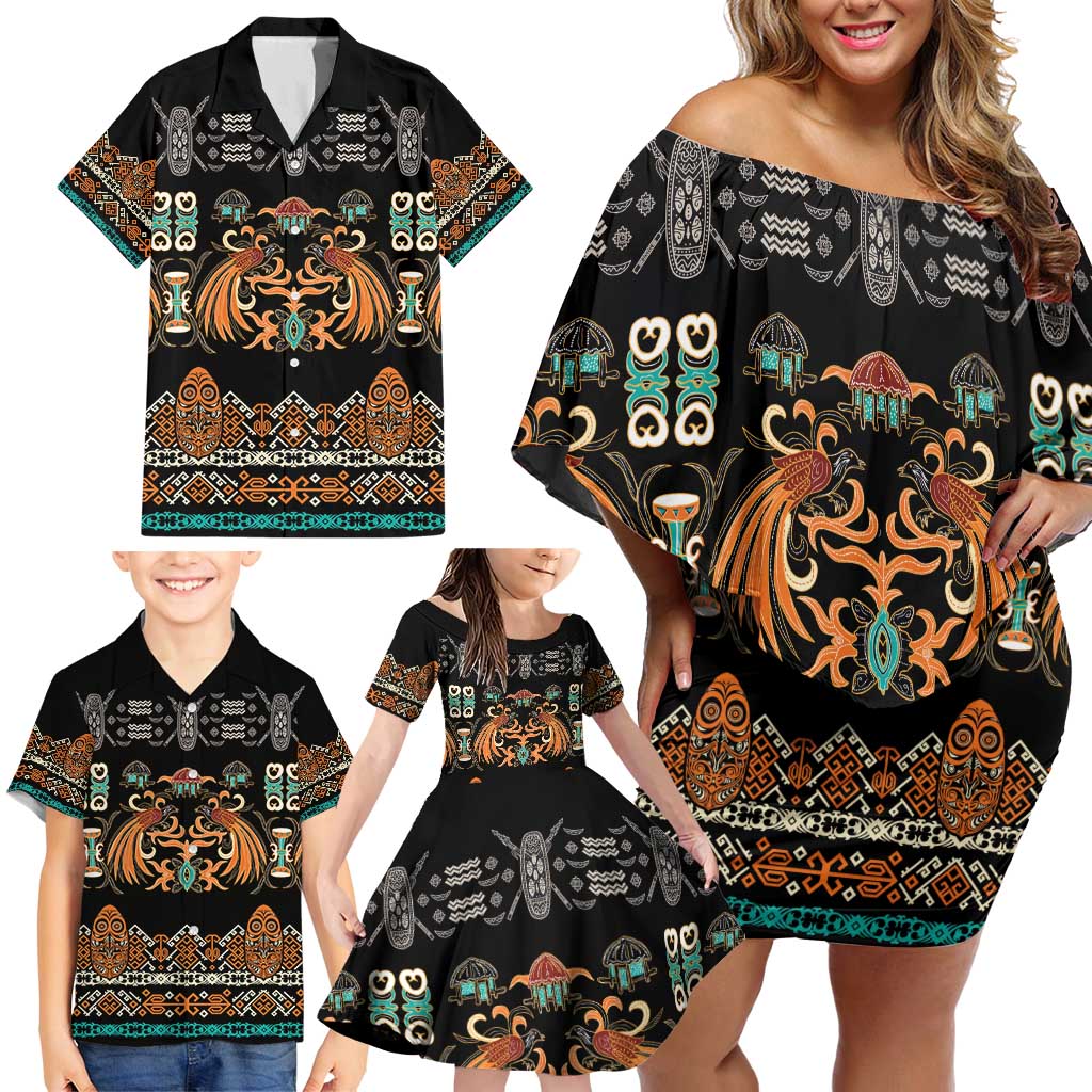 Black Batik Papua-inspired Pattern Family Matching Off Shoulder Short Dress and Hawaiian Shirt LT9 - Polynesian Pride