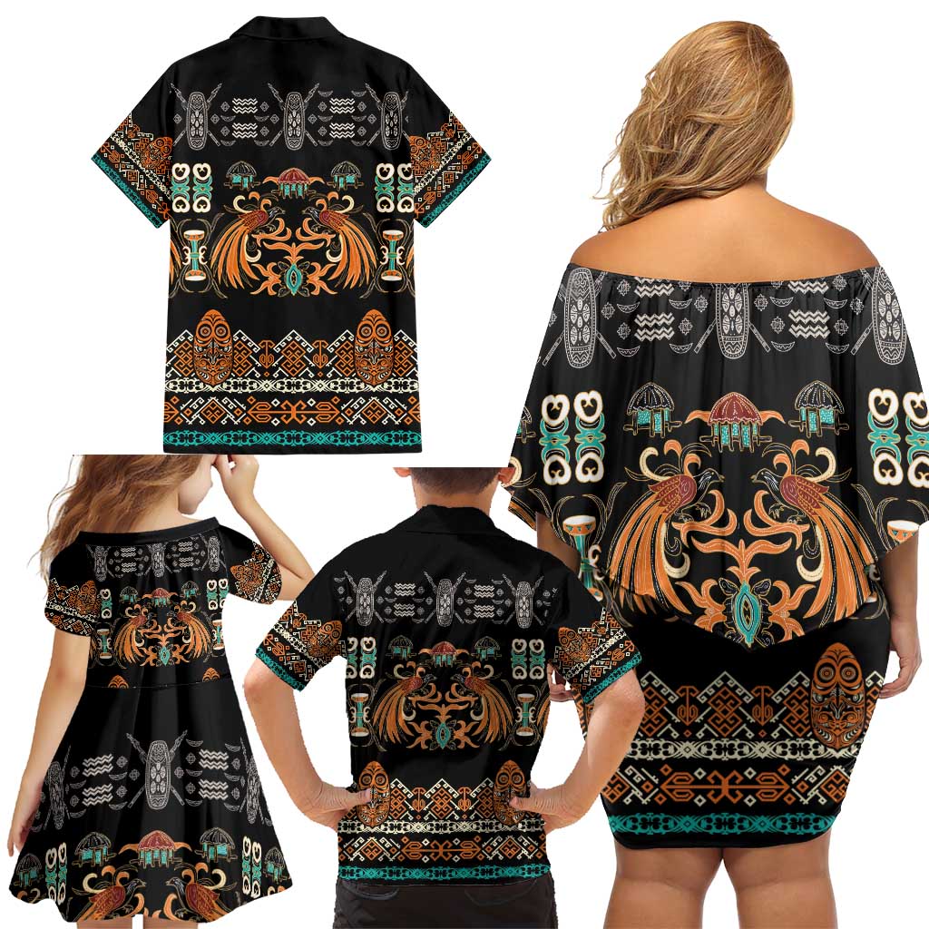 Black Batik Papua-inspired Pattern Family Matching Off Shoulder Short Dress and Hawaiian Shirt LT9 - Polynesian Pride