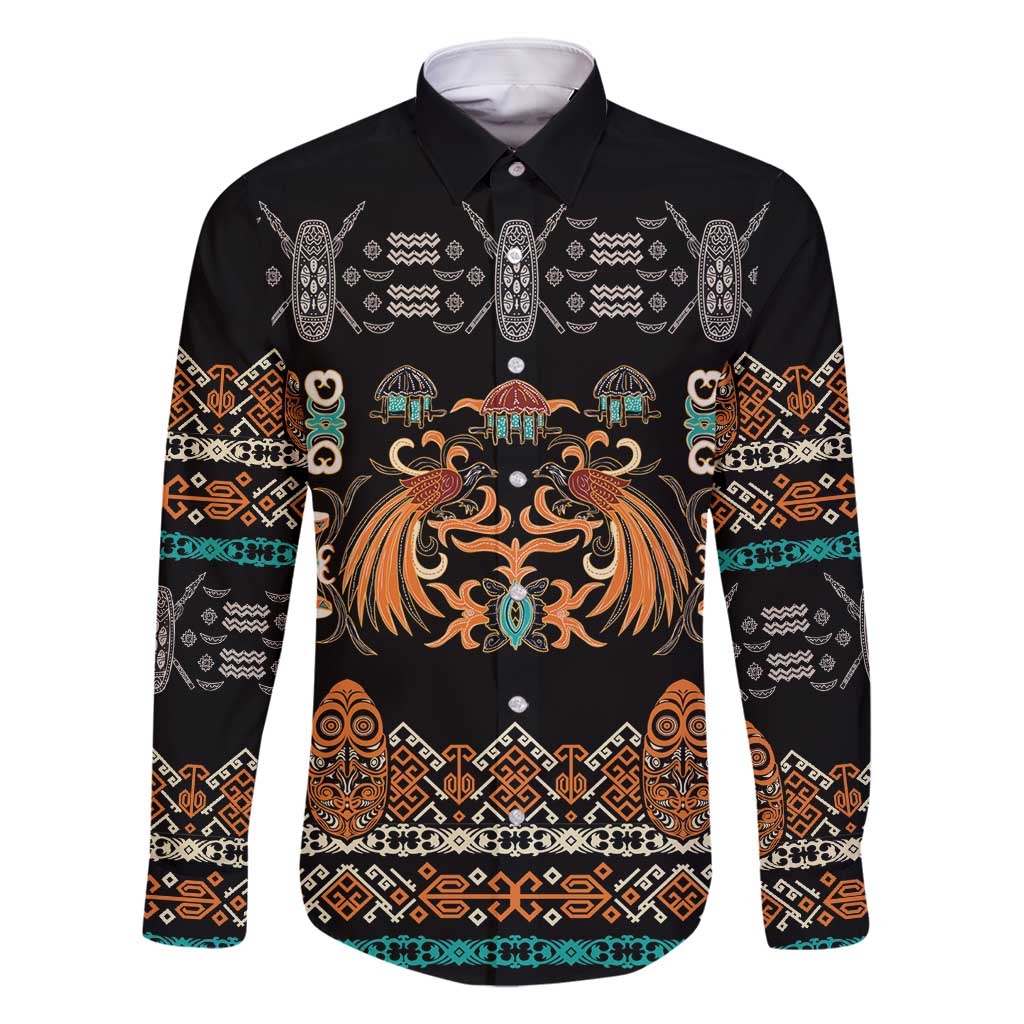 Black Batik Papua-inspired Pattern Family Matching Off Shoulder Short Dress and Hawaiian Shirt LT9 Dad's Shirt - Long Sleeve Black - Polynesian Pride