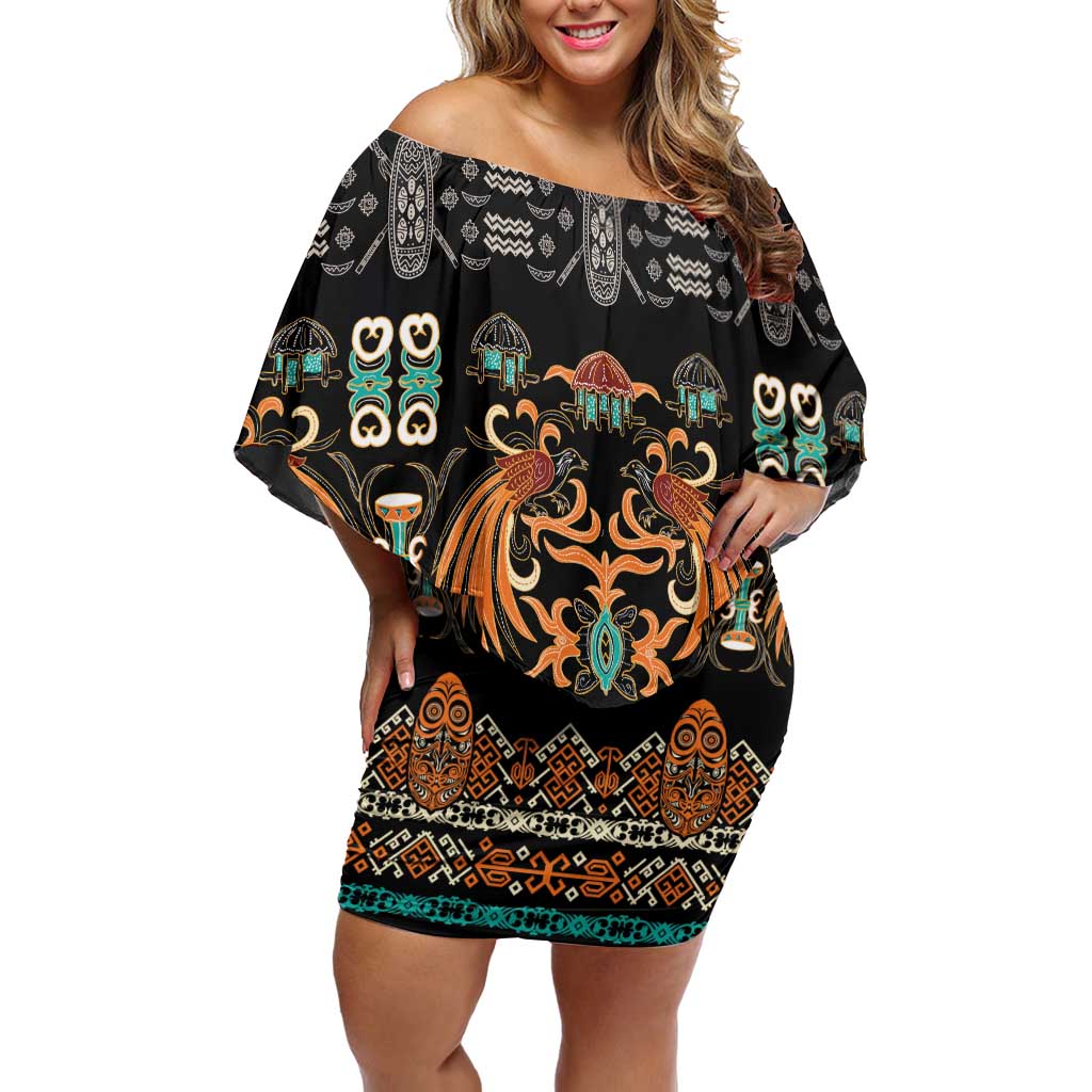 Black Batik Papua-inspired Pattern Family Matching Off Shoulder Short Dress and Hawaiian Shirt LT9 Mom's Dress Black - Polynesian Pride