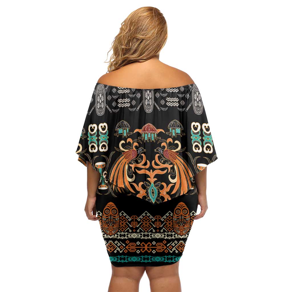 Black Batik Papua-inspired Pattern Family Matching Off Shoulder Short Dress and Hawaiian Shirt LT9 - Polynesian Pride