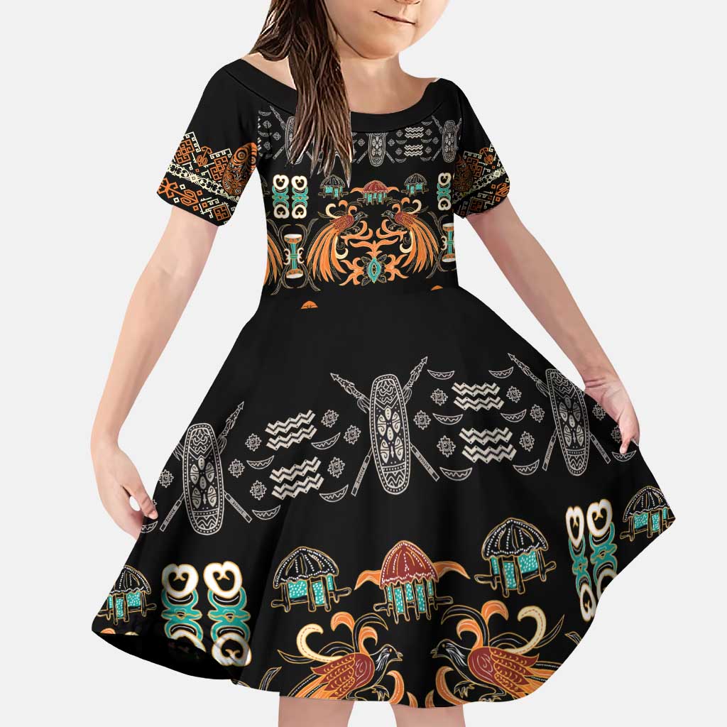 Black Batik Papua-inspired Pattern Family Matching Puletasi and Hawaiian Shirt LT9 Daughter's Dress Black - Polynesian Pride