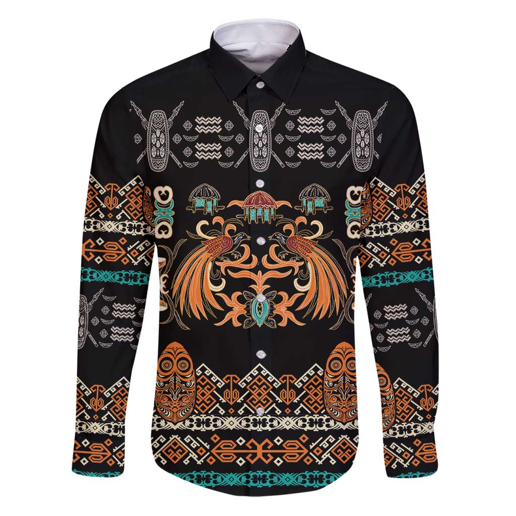 Black Batik Papua-inspired Pattern Family Matching Puletasi and Hawaiian Shirt LT9 Dad's Shirt - Long Sleeve Black - Polynesian Pride