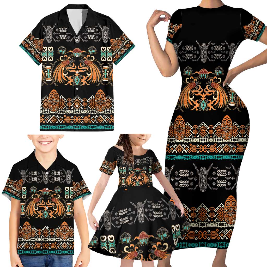 Black Batik Papua-inspired Pattern Family Matching Short Sleeve Bodycon Dress and Hawaiian Shirt LT9 - Polynesian Pride