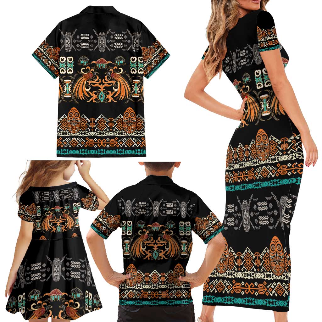 Black Batik Papua-inspired Pattern Family Matching Short Sleeve Bodycon Dress and Hawaiian Shirt LT9 - Polynesian Pride