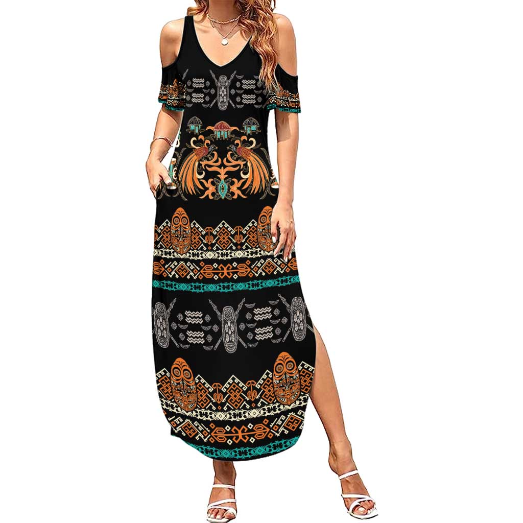 Black Batik Papua-inspired Pattern Family Matching Summer Maxi Dress and Hawaiian Shirt LT9 Mom's Dress Black - Polynesian Pride