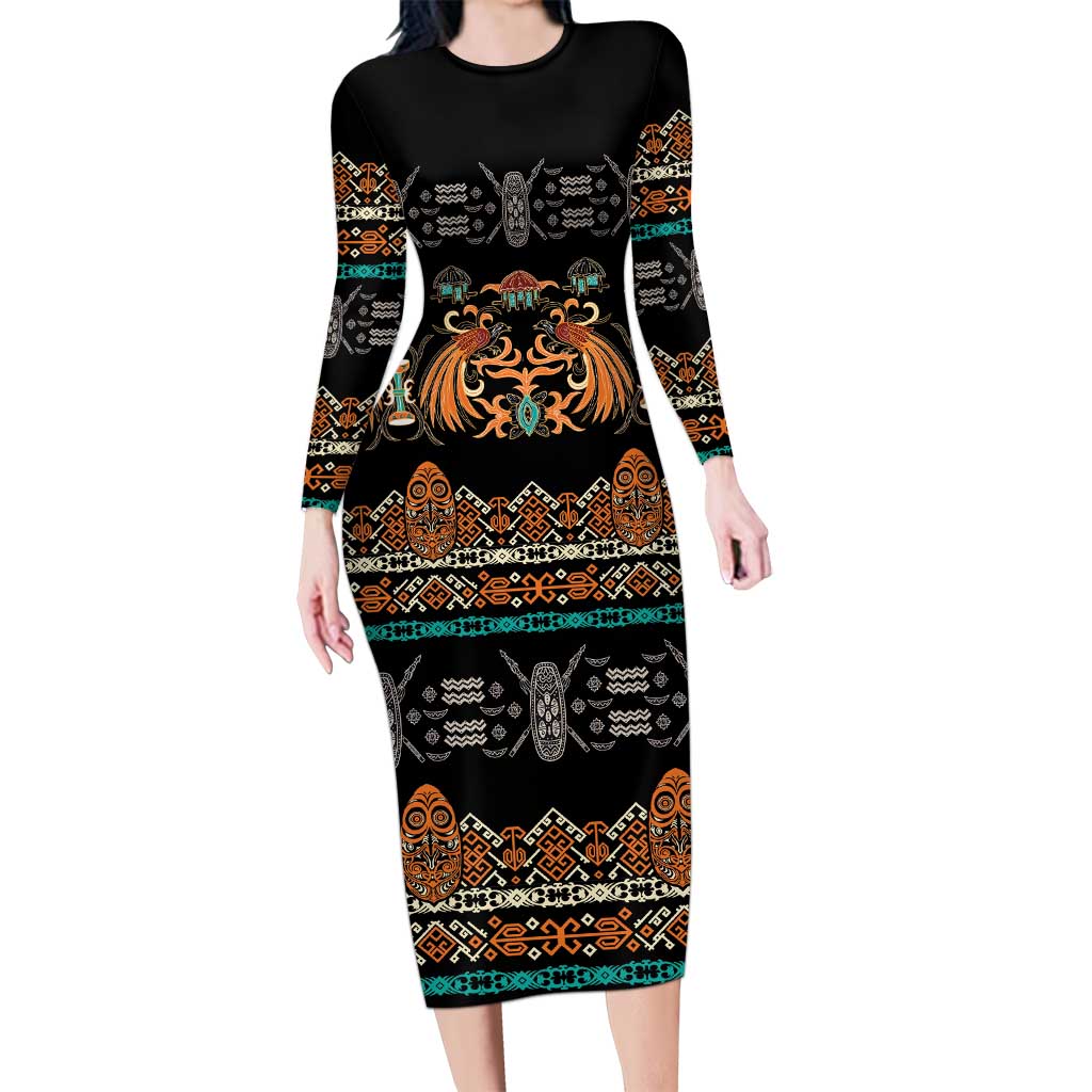 Black Batik Papua-inspired Pattern Long Sleeve Bodycon Dress - Polynesian Pride