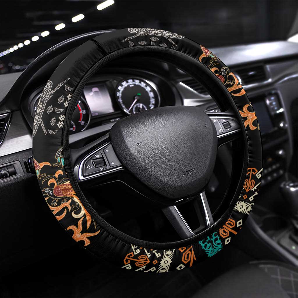 Black Batik Papua-inspired Pattern Steering Wheel Cover LT9 Universal Fit Black - Polynesian Pride