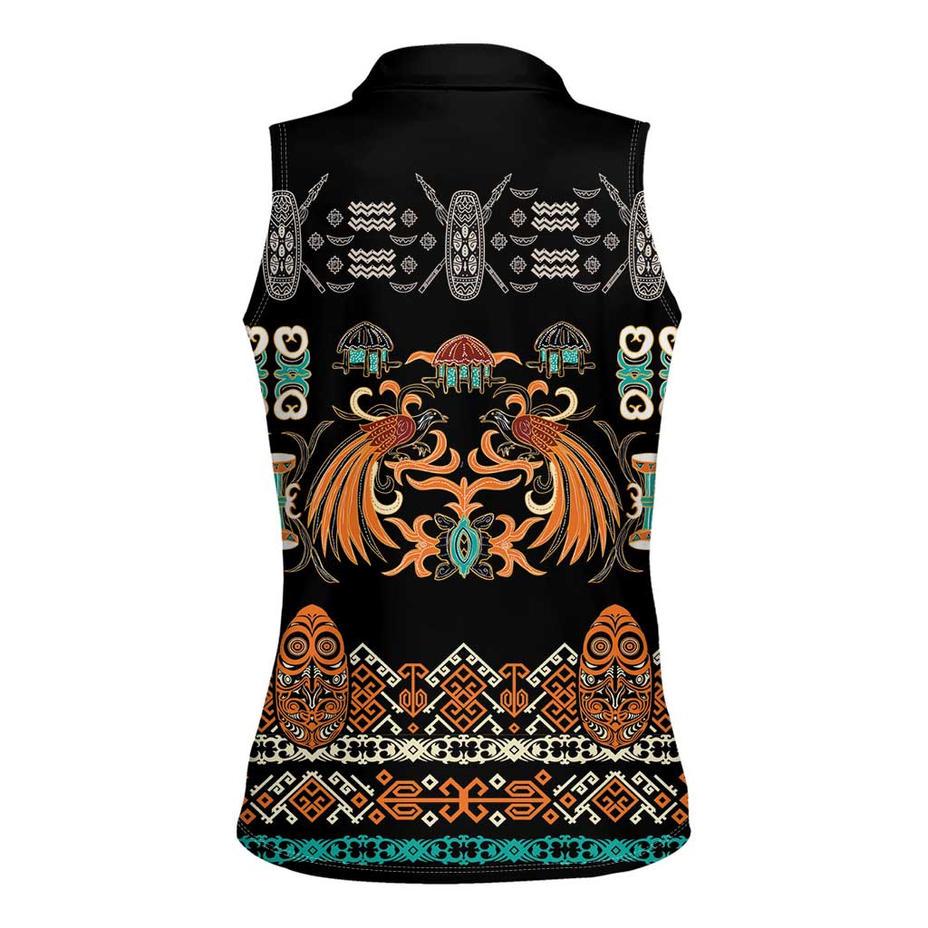 Black Batik Papua-inspired Pattern Women Sleeveless Polo Shirt LT9 - Polynesian Pride