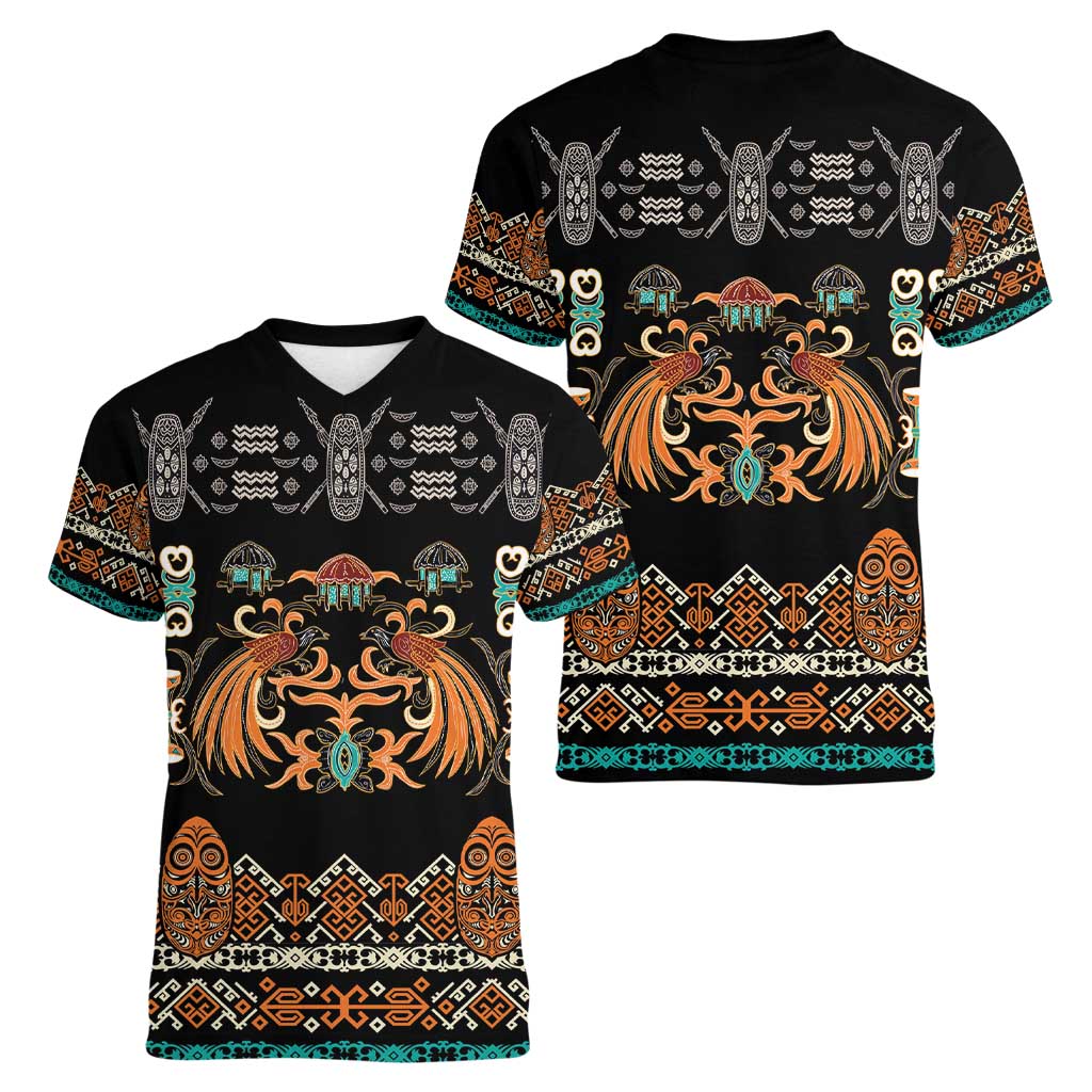 Black Batik Papua-inspired Pattern Women V-Neck T-Shirt - Polynesian Pride