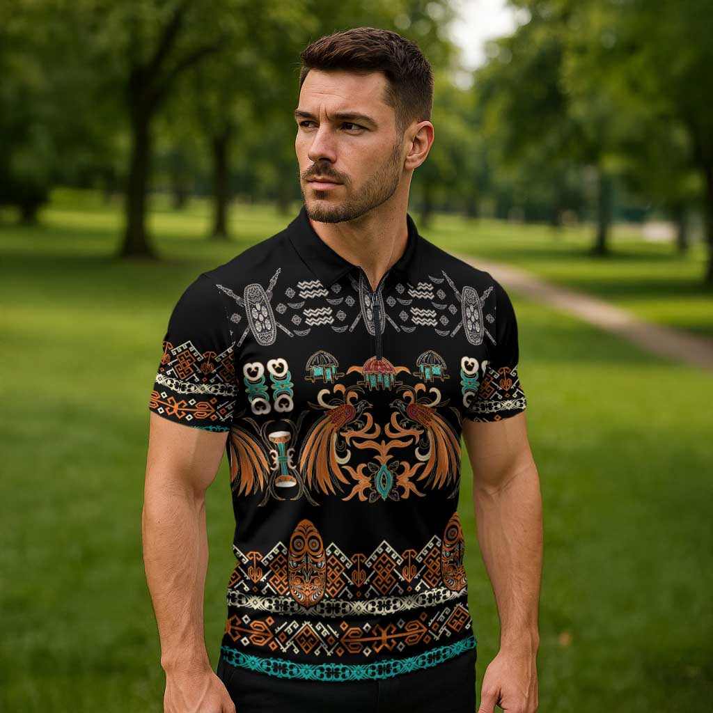 Black Batik Papua-inspired Pattern Zipper Polo Shirt LT9 - Polynesian Pride