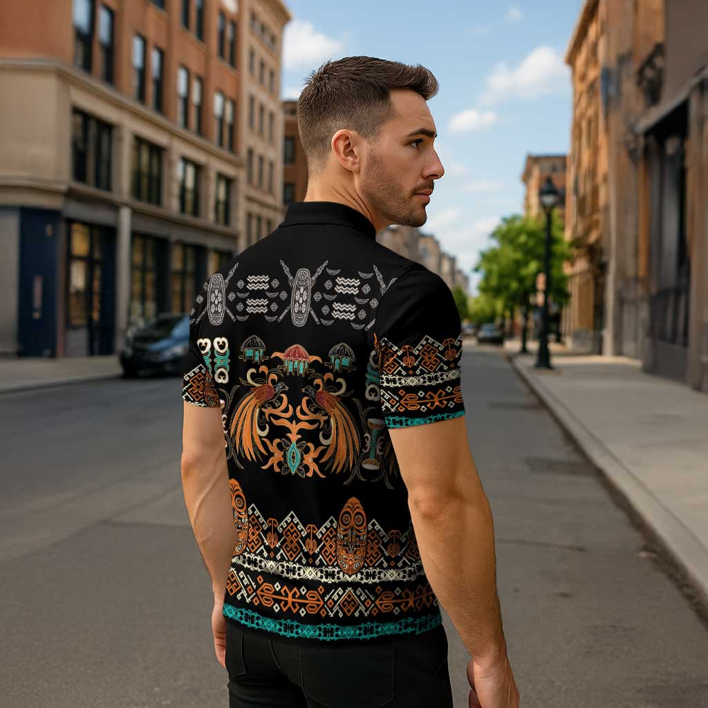 Black Batik Papua-inspired Pattern Zipper Polo Shirt LT9 - Polynesian Pride