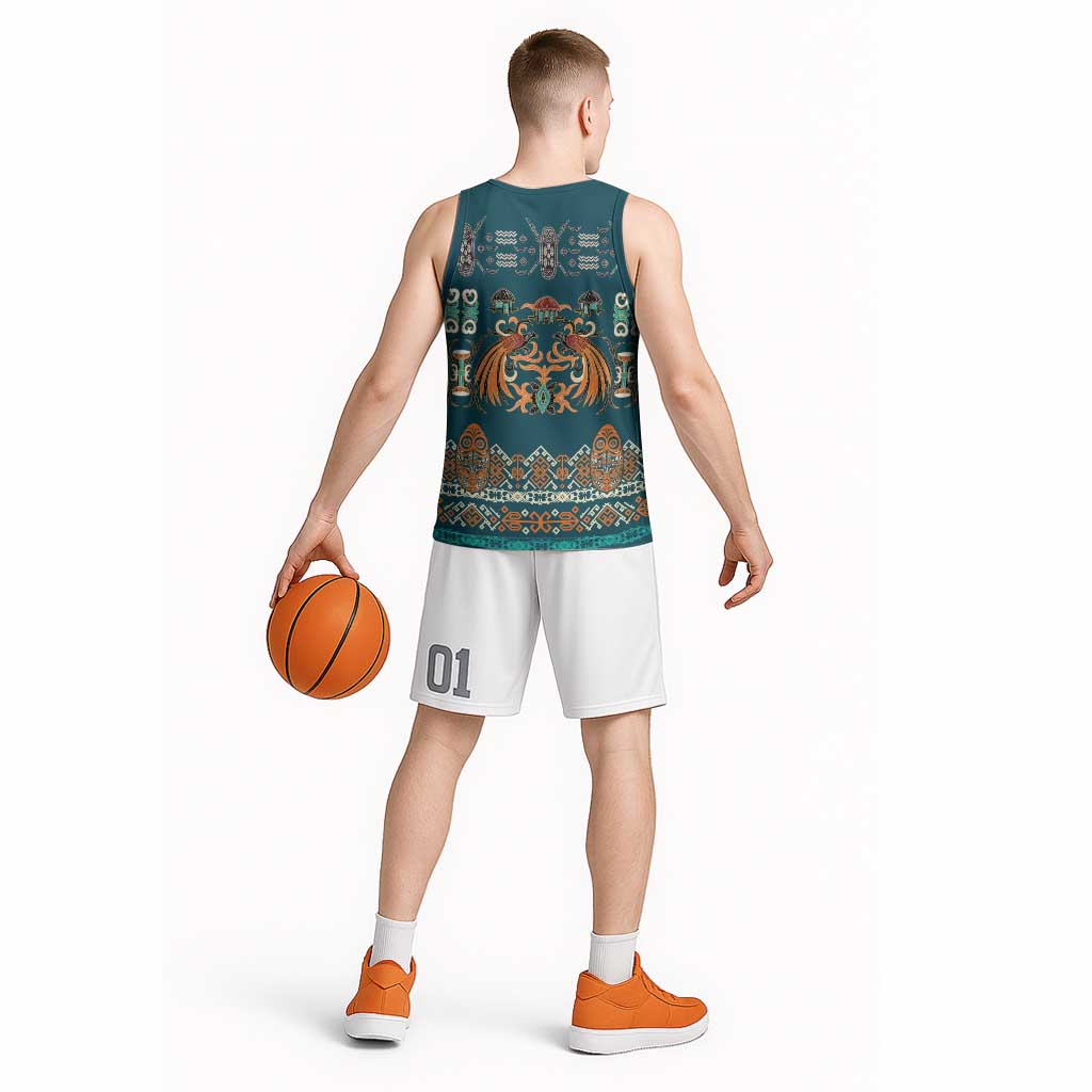 Dark Cyan Blue Batik Papua-inspired Pattern Basketball Jersey LT9 - Polynesian Pride