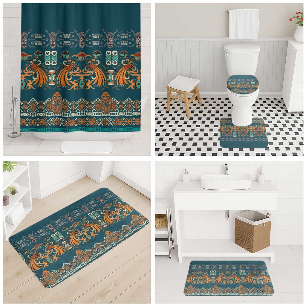Dark Cyan Blue Batik Papua-inspired Pattern Bathroom Set - Polynesian Pride