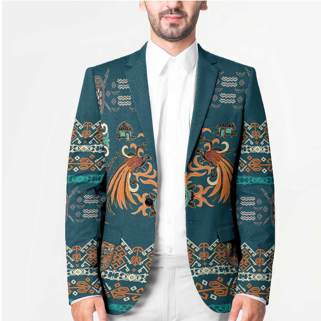 Dark Cyan Blue Batik Papua-inspired Pattern Blazer - Polynesian Pride