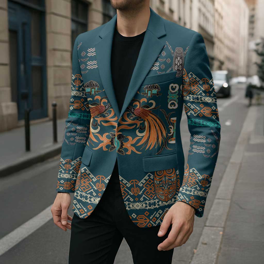 Dark Cyan Blue Batik Papua-inspired Pattern Blazer - Polynesian Pride