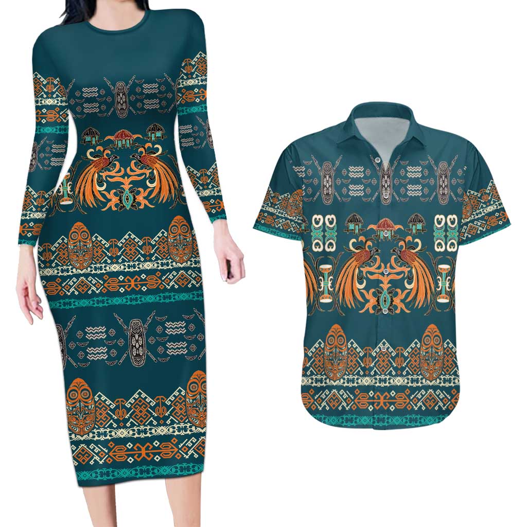 Dark Cyan Blue Batik Papua-inspired Pattern Couples Matching Long Sleeve Bodycon Dress and Hawaiian Shirt LT9 Blue - Polynesian Pride