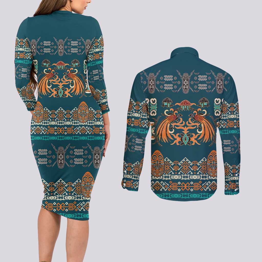 Dark Cyan Blue Batik Papua-inspired Pattern Couples Matching Long Sleeve Bodycon Dress and Long Sleeve Button Shirt LT9 - Polynesian Pride