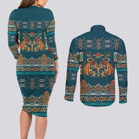 Dark Cyan Blue Batik Papua-inspired Pattern Couples Matching Long Sleeve Bodycon Dress and Long Sleeve Button Shirt LT9 - Polynesian Pride